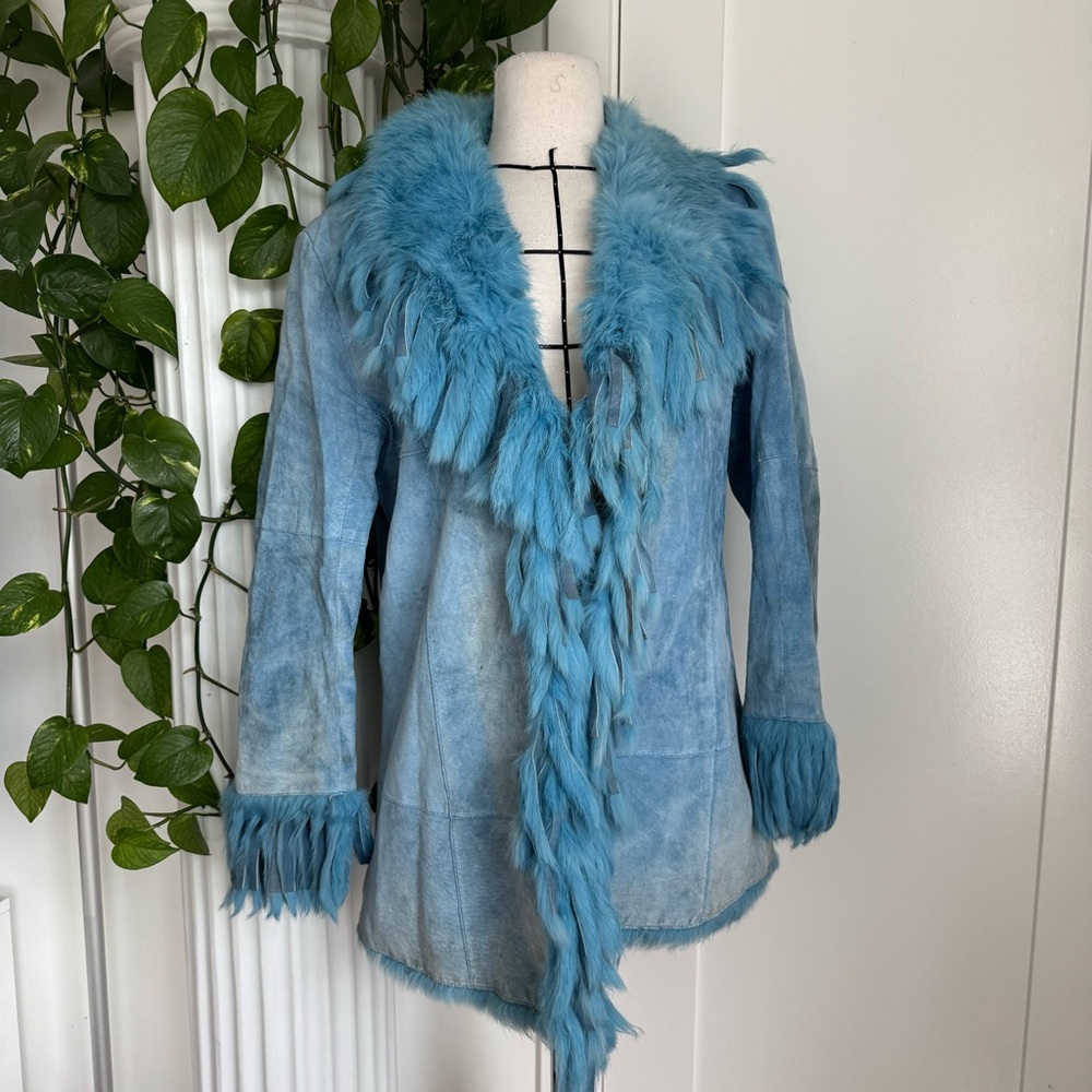 Robins Egg Blue Mink Fur Trim Leather Jacket - Picture 5 of 5